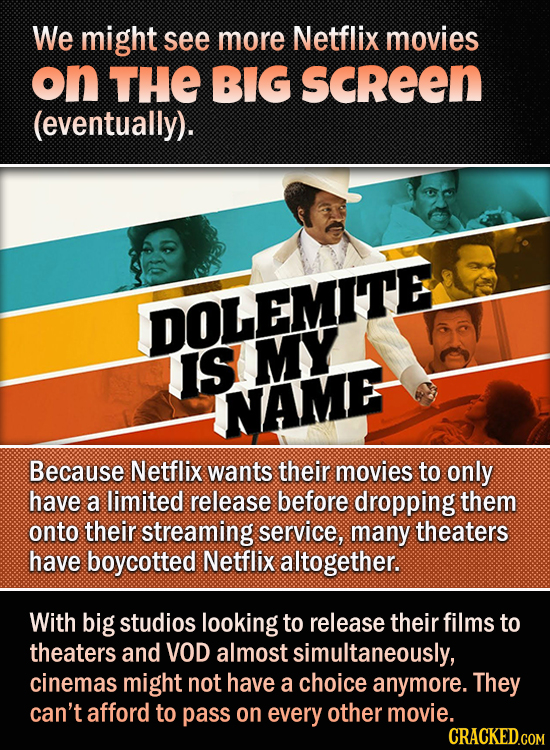 We might see more Netflix movies on THE BIG SCREEN (eventually). DOLEMITE IS MY NAME Because Netflix wants their movies to only have a limited release