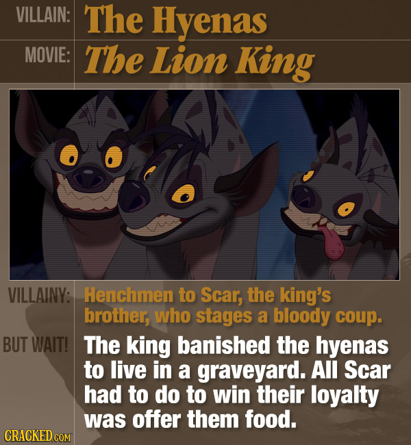 VILLAIN: The Hyenas MOVIE: The Lion King VILLAINY: Henchmen to Scar, the king's brother, who stages a bloody coup. BUT WAIT! The king banished the hye