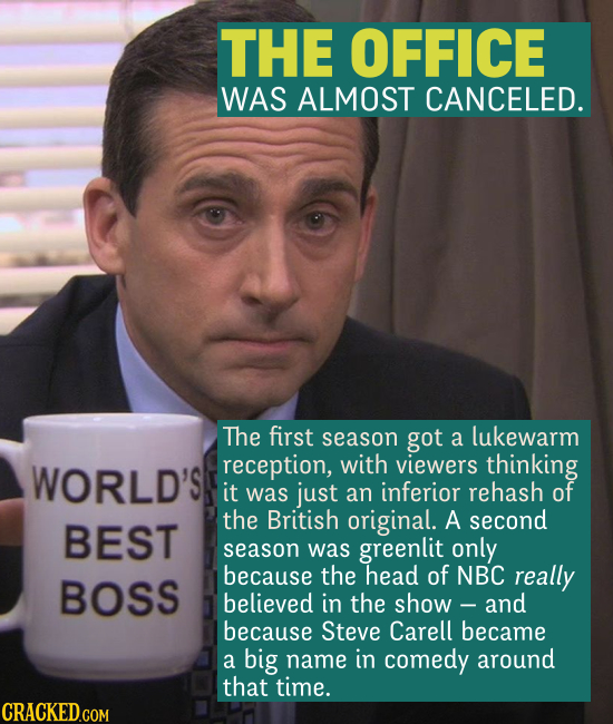 THE OFFICE WAS ALMOST CANCELED. The first season got a lukewarm reception, with viewers thinking it was just an inferior rehash of the British