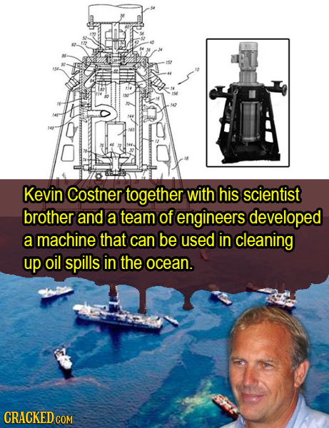12 Kevin Costner together with his scientist brother and a team of engineers developed a machine that can be used in cleaning up oil spills in the oce
