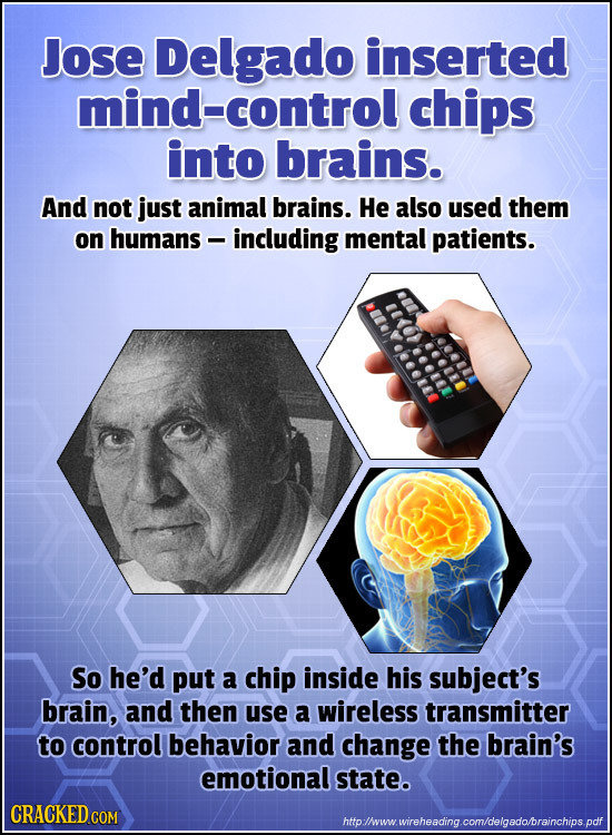 Jose Delgado inserted mind-control chips into brains. And not just animal brains. He also used them on humans - including mental patients. So he'd put