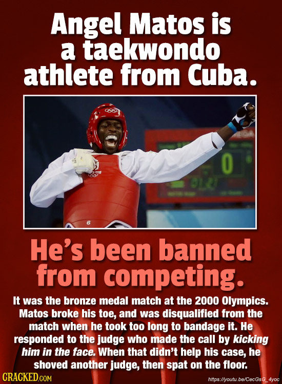 Angel Matos is a taekwondo athlete from Cuba. 0 He's been banned from competing. It was the bronze medal match at the 2000 Olympics. Matos broke his t