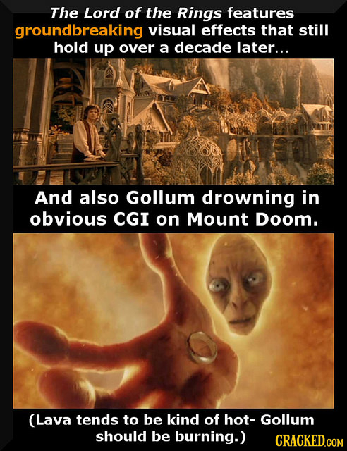 The Lord of the Rings features groundbreaking visual effects that still hold up over a decade later... And also Gollum drowning in obvious CGI on Moun
