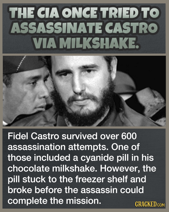 THE CIA ONCE TRIED TO ASSASSINATE CASTRO VIA MILKSHAKE. Fidel Castro survived over 600 assassination attempts. One of those included a cyanide pill in