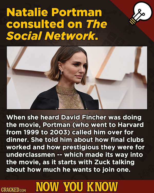 13 Scintillating Now-You-Know Movie Facts and General Trivia - Natalie Portman consulted on The Social Network.