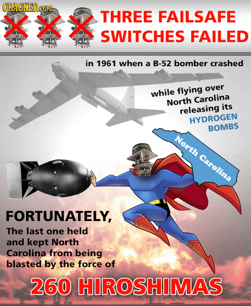XXX THREE FAILSAFE SWITCHES FAILED in 1961 when a B-52 bomber crashed flying over while North Carolina its releasing HYDROGEN BOMBS North Carolina FOR