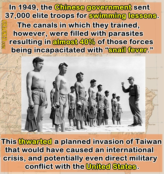 In 1949, the Chinese government sent 37.000 elite troops for swimming lessons. CRAGK The canals in which they trained, however, were filled with paras
