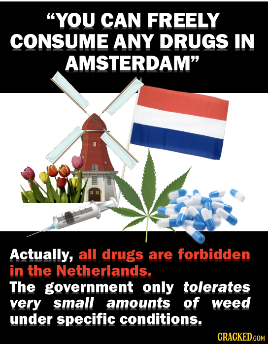 YOU CAN FREELY CONSUME ANY DRUGS IN AMSTERDAM Actually, all drugs are forbidden in the Netherlands. The government only tolerates very small amounts