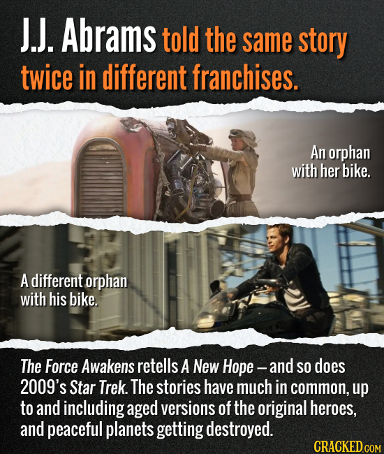 J.J. Abrams told the same story twice in different franchises. An orphan with her bike. A different orphan with his bike. The Force Awakens retells A