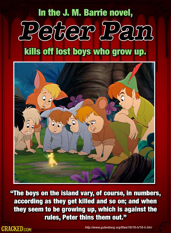 In the J. M. Barrie novel, Peter Pan kills off lost boys who grow up. The boys on the island vary, of course, in numbers, according as they get kille