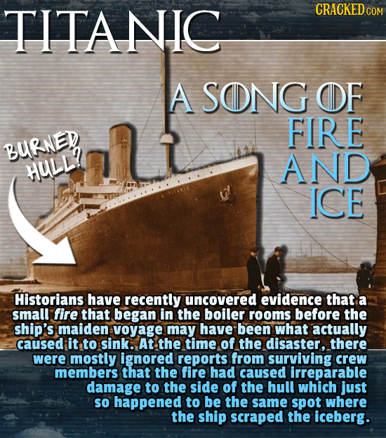 TITANIC A SONG OF FIRE BURNED AND HULL? ICE Historians have recently uncovered evidence that a small fire that began in the boiler rooms before the sh