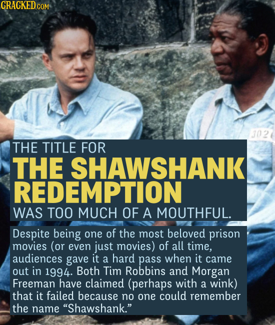 The title for Shawshank Redemption was too much of a mouthfull. Despite being one of the most beloved prison movies (or even just movies) of all time, audiences gave it a hard pass when it came out in 1994. Both Tim Robbins and Morgan Freeman have claimed (perhaps with a wink) that it failed because no one could remember the name Shawshank.