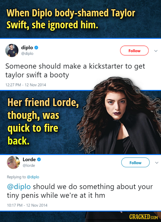 When Diplo -shamed Taylor swift, she ignored him. diplo Follow @diplo Someone should make a kickstarter to get taylor swift a booty 12:27 PM - 12 Nov
