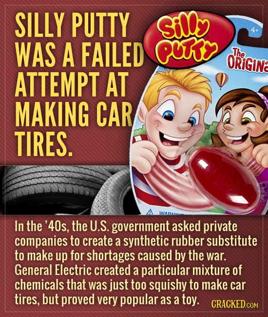 SILLY PUTTY Silly WAS A FAILED pur The ORiGiNa ATTEMPT AT MAKING CAR TIRES. A In the '4Os, the U.S government asked private companies to create a synt