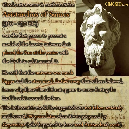 Greek & mathematician CRACKED.COM astronomer Aristarchus of Samos (310230Bc)r6a.3598P1.676 uo 230 was the first person tO present a model of the known