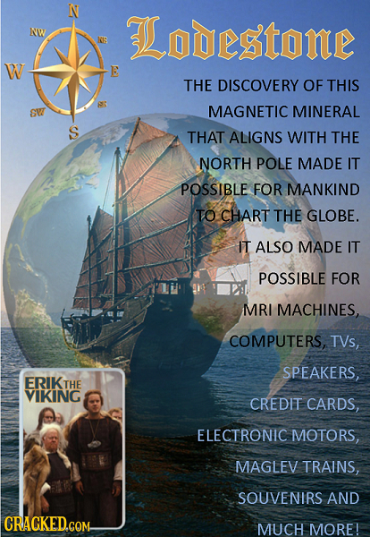 N Lodestone NW NB W E THE DISCOVERY OF THIS SV MAGNETIC MINERAL S THAT ALIGNS WITH THE NORTH POLE MADE IT POSSIBLE FOR MANKIND TO CHART THE GLOBE. IT