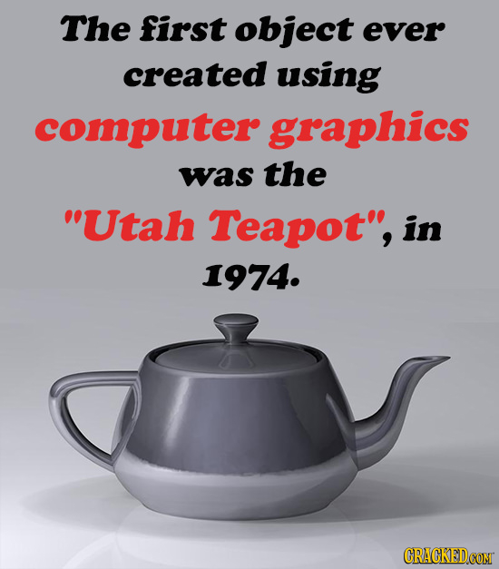 The first object ever created using computer graphics was the Utah Teapot', in 1974. CRACKEDCOMT 