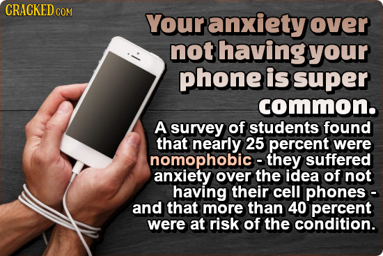 CRACKED COM Your anxiety over not having your phone is super common. A survey of students found that nearly 25 percent were suffered anxietyover the o