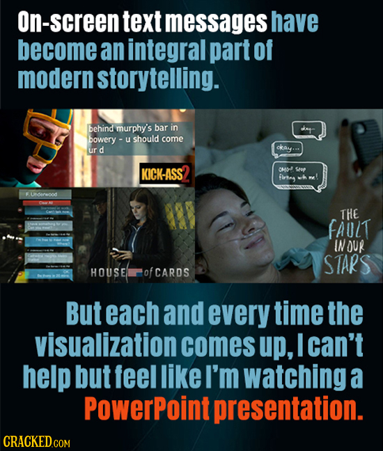 n-screen text messages have become an integral part of modern storytelling. behind murphy's bar in bowery U should come ur d ckay: KICK-ASS 0M6J Srop