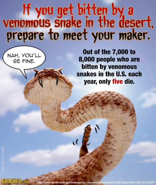 If you get bitten by a venomous shake in the desert, prepare to meet your maker. Out of the 7,000 to NAH, you'LL 000 people who BE FINE. are bitten by