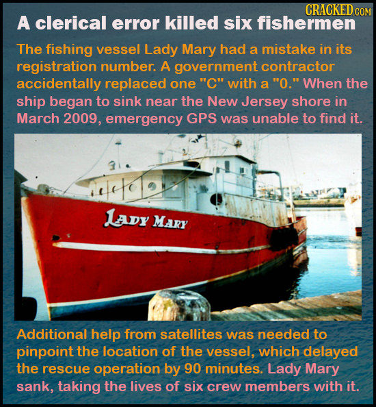 CRACKED COM A clerical error killed six fishermen The fishing vessel Lady Mary had a mistake in its registration number. A government contractor accid