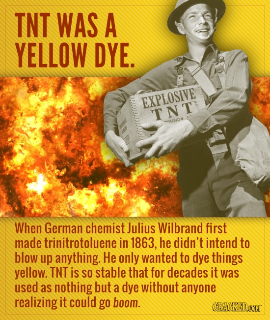 TNT WAS A YELLOW DYE. EXPLOSIVE TNT nUND When German chemist Julius Wilbrand first made trinitrotoluene in 1863, he didn't intend to blow up anything.