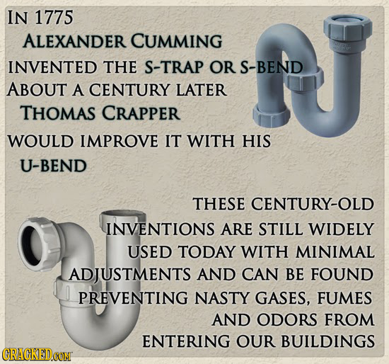 IN 1775 ALEXANDER CUMMING INVENTED THE S-TRAP OR S-BEND ABOUT A CENTURY LATER THOMAS CRAPPER WOULD IMPROVE IT WITH HIS U-BEND THESE CENTURY-OLD INVENT