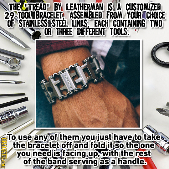 THE UTREAD BY LEATHERMAN IS A CUSTOMIZED 29TOOL BRACELET, ASSEMBLED FROM YOUR CHOICE OF STAINLESS STEEL LINKS, EACH CONTAINING TWO OR THREE DIFFERENT