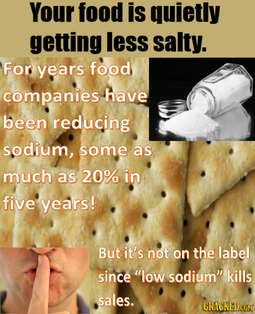 Your food is quietly getting less salty. For years food companies have been reducing sodium, some as much as 20% in five years! But it's not on the la