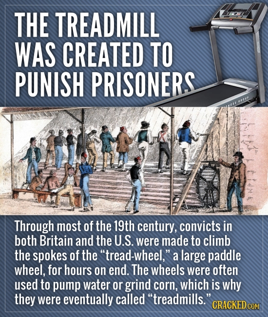 THE TREADMILL WAS CREATED TO PUNISH PRISONERS Through most of the 19th century, convicts in both Britain and the U.S. were made to climb the spokes of
