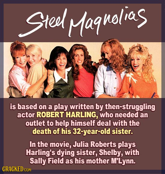 Steel Magnolias is based on a play written by then-struggling actor ROBERT HARLING, who needed an outlet to help himself deal with the death of his 32
