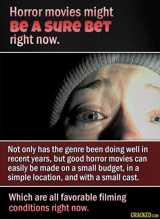 Horror movies might BE A SUre BET right now. Not only has the genre been doing well in recent years, but good horror movies can easily be made on a sm