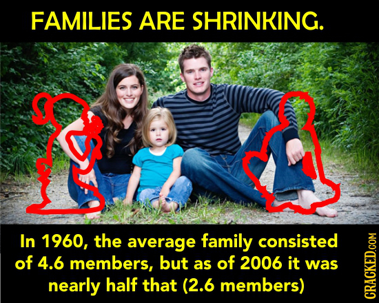 FAMILIES ARE SHRINKING. In 1960, the average family consisted of 4.6 members, but as of 2006 it was nearly half that (2.6 members) RAGh