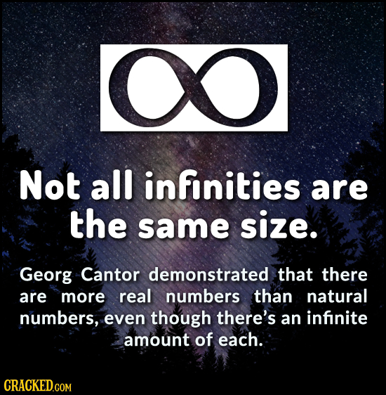 X Not all infinities are the same size. Georg Cantor demonstrated that there are more real numbers than natural numbers, even though there's an infini