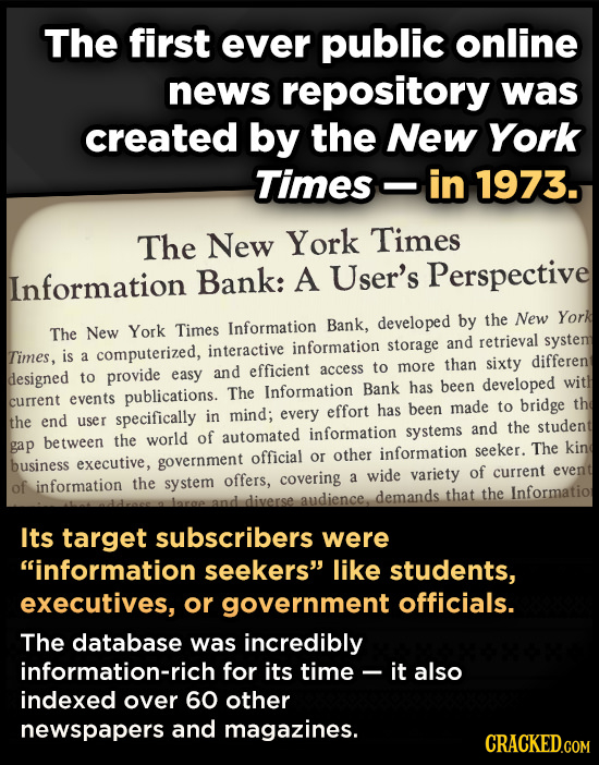 The first ever public online news repository was created by the New York Times- -in 1973. The New York Times Bank: A User's Perspective Information de