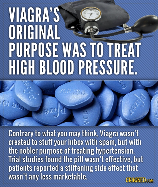 VIAGRA'S ORIGINAL PURPOSE WAS TO TREAT HIGH BLOOD PRESSURE. ISRIOO a OT7 szJd soud V Contrary to what you may think, Viagra wasn't created to stuff yo