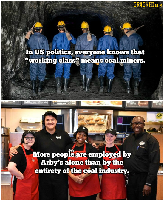 In US politics, everyone knows that working class means coal miners. Te fa ST TST More people are employed by Arby's alone than by the entirety of t