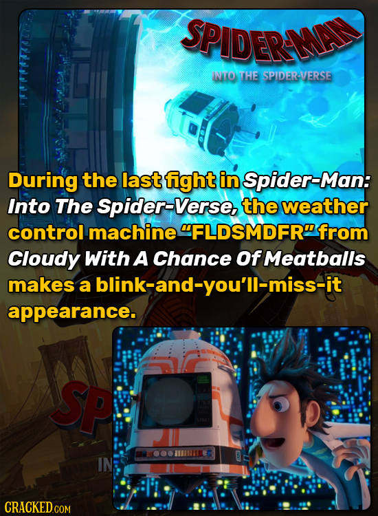 SPIDERMA NITO THE SPIDERSVERSE During the last fight in Spider-Man: Into The Spider-Verse the weather control machine FLDSMDFRfrom Cloudy With A Cha