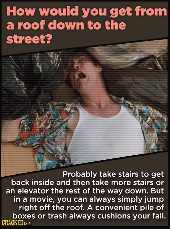 How would you get from a roof down to the street? Probably take stairs to get back inside and then take more stairs or an elevator the rest of the way
