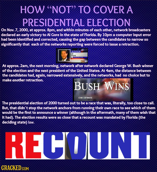 HOW NOT TO COVER A PRESIDENTIAL ELECTION On Nov. 7. 2000, at approx. 8pm, and within minutes of each other, network broadcasters declared an early v
