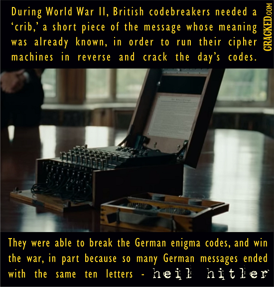 During World War II, British codebreakers needed A 'crib,' a short piece of the message whose meaning was already known, in order to run their cipher