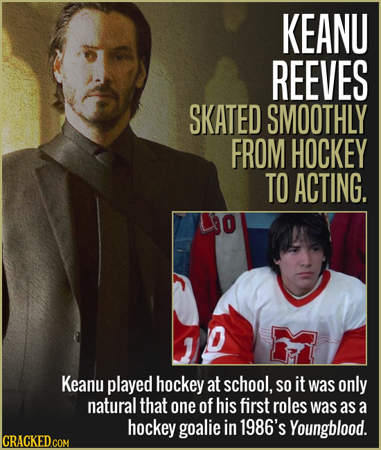 KEANU REEVES SKATED SMOOTHLY FROM HOCKEY TO ACTING. Keanu played hockey at school, SO it was only natural that one of his first roles was as a hockey 