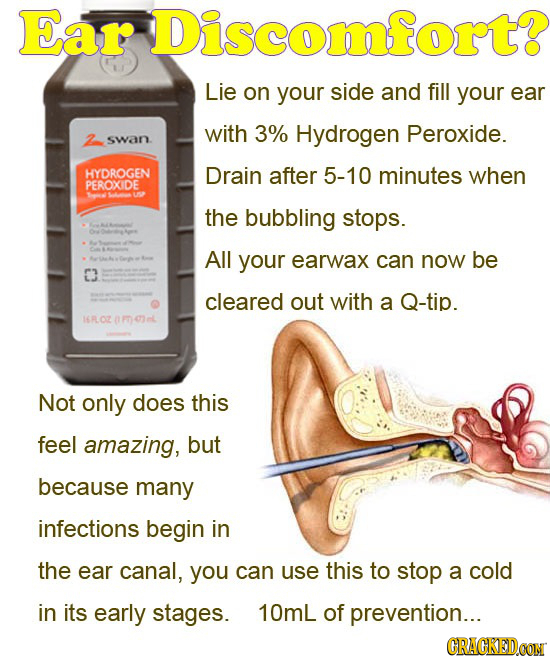 Ear Discomfort? Lie on your side and fill your ear with 3% Hydrogen Peroxide. swan HYDROGEN Drain after 5-10 minutes when PEROXIDE - the bubbling stop