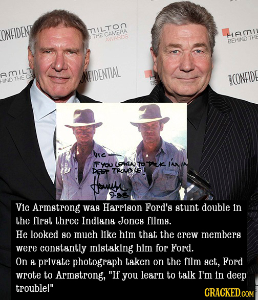 ONFIDENT MILTon CAMERA THE HAMI AWARDS THE BEHIND AMILT NEIDENTIAL THE CONFIDE IND ure IFYOU LEALN Jo Hk I'AN Haw DRET TROUDE 9-88 Vic Armstrong was H