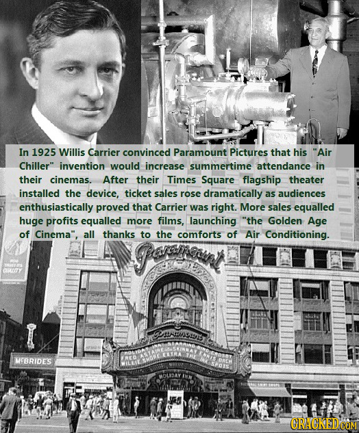 In 1925 Willis Carrier convinced Paramount Pictures that his Air Chiller invention would increase summertime attendance in their cinemas. After thei