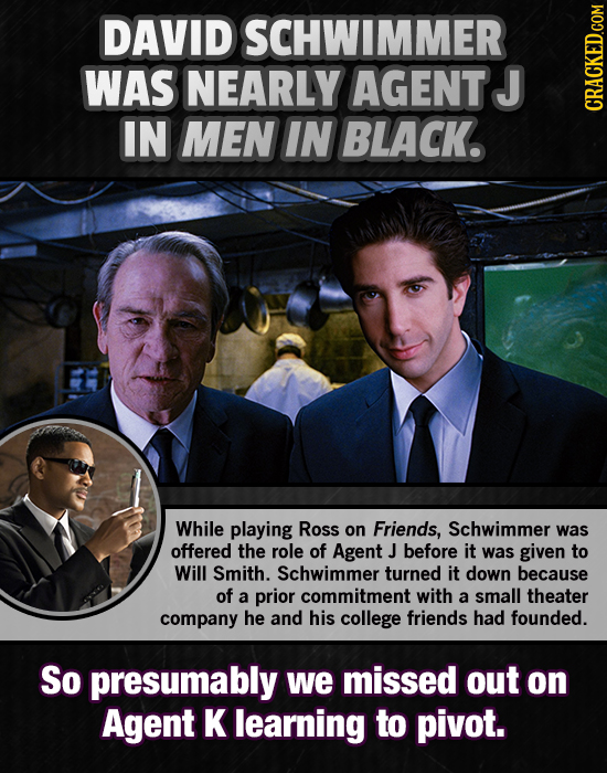 DAVID SCHWIMMER WAS NEARLY AGENTJ IN MEN IN BLACK. CRACKED.COM While playing Ross on Friends, Schwimmer was offered the role of Agent J before it was 