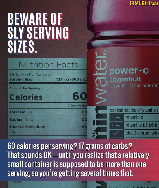 BEWARE OF SLY SERVING SIZES. Nutrition Facts power-C 2.5 Serving Per Container Serving Size oz (360 mL) dragonfruit flavored + other natural Amount Pe