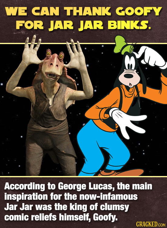 WE CAN THANK COOFY FOR JAR JAR BINKS. According to George Lucas, the main inspiration for the now-infamous Jar Jar was the king of clumsy comic relief