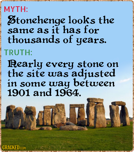 MYTH: Btonehenge looks the same as it has for thousands of years. TRUTH: Rearly every stone on the site was adjusted in between some way 1901 and 1964