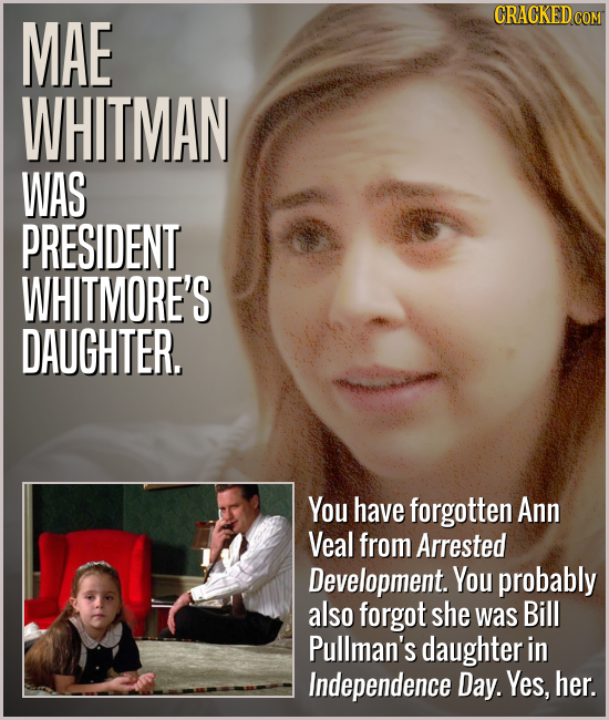 MAE CRACKED COM WHITMAN WAS PRESIDENT WHITMORE'S DAUGHTER, You have forgotten Ann Veal from Arrested Development. You probably also forgot she was Bil